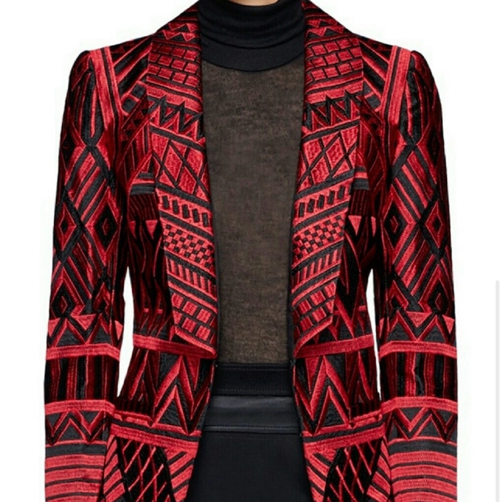 Alice + Olivia Christian Red Black Embroidered Silk Blazer geometric pattern M